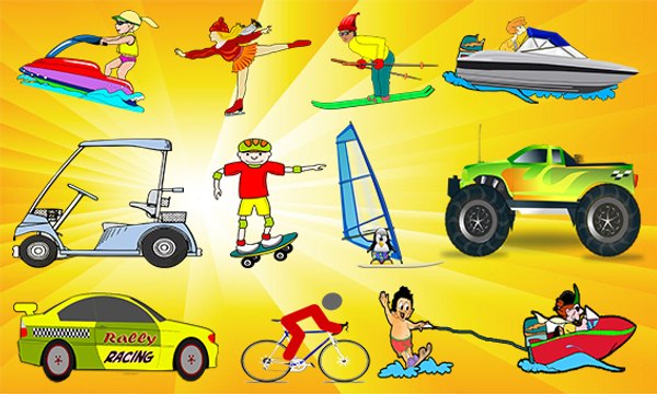 Sports Vehicles for Kids - Racing Car Bike Formula Rally GT Golf Cart Skating Skiing Skateboarding