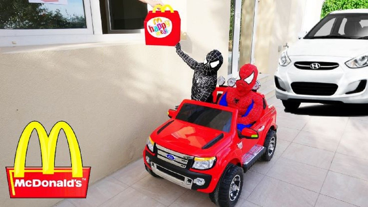 Bad Baby Driving Power Wheels Ride On Car for Kids McDonalds Drive Thru Prank! w / Joker Spiderman