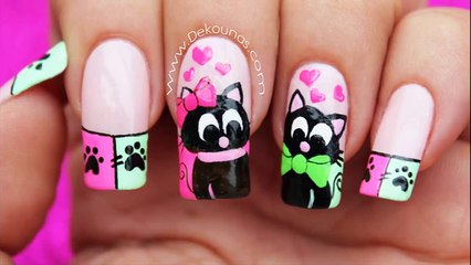 Decoración de uñas gatos enamorados - Cats in love nail art_HD