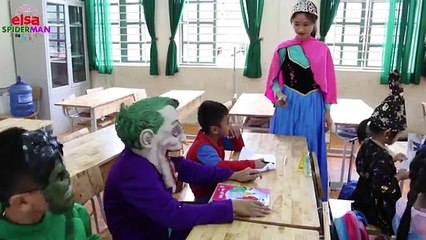 Frozen Elsa & Spiderman  AT SCHOOL Learn COLOR! Anna is Teacher! w- Prank Joker Hulk Superhero fun