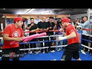 Canelo Alvarez shows fast feet & reflexes shadow boxing at media workout- Canelo vs Smith Video