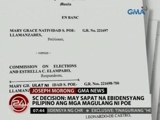 24 Oras: SC decision: May sapat na ebidensyang Pilipino ang mga magulang ni Poe