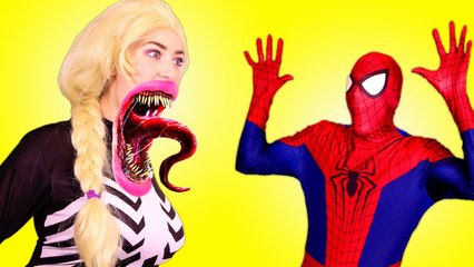 Frozen Elsa TURNS INTO VENOM w/ Spiderman Joker Anna Pink Spidergirl Kid Schoo