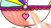 How to Draw Baby Carriage Colouring Book for Kids - Learning Coloring Pages with Colored Markers