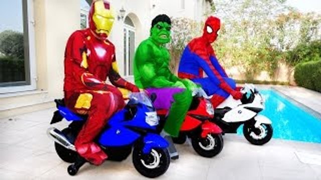 THE AVENGERS : Spiderman Hulk & Iron Man MOTORBIKE RACE in Real Life! w/ Joker Prank Chall