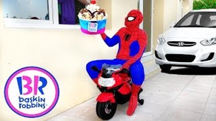 Spiderman BASKIN ROBBINS Drive Thru Prank! w/ Joker Hulk SpiderBaby Movie Kids Toys in Rea