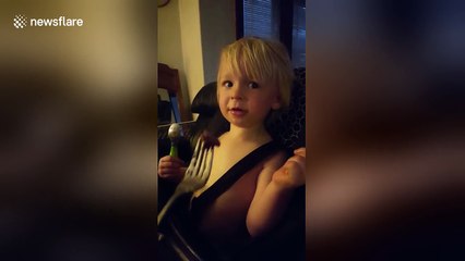 Toddler tries steak for the first time, loves it.