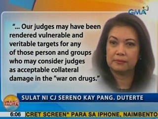 UB: Sereno: Ilang huwes sa listahan ni Duterte, walang kaugnayan sa droga