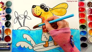 How to Draw Funny Dog Surfer Video for Kids to Learn Coloring - painting for kids