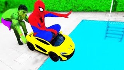 HULK PUSH Spiderman INTO POOL?! w/ Joker, Baby Prank Movie Toys Clown Cars Kids Video in R