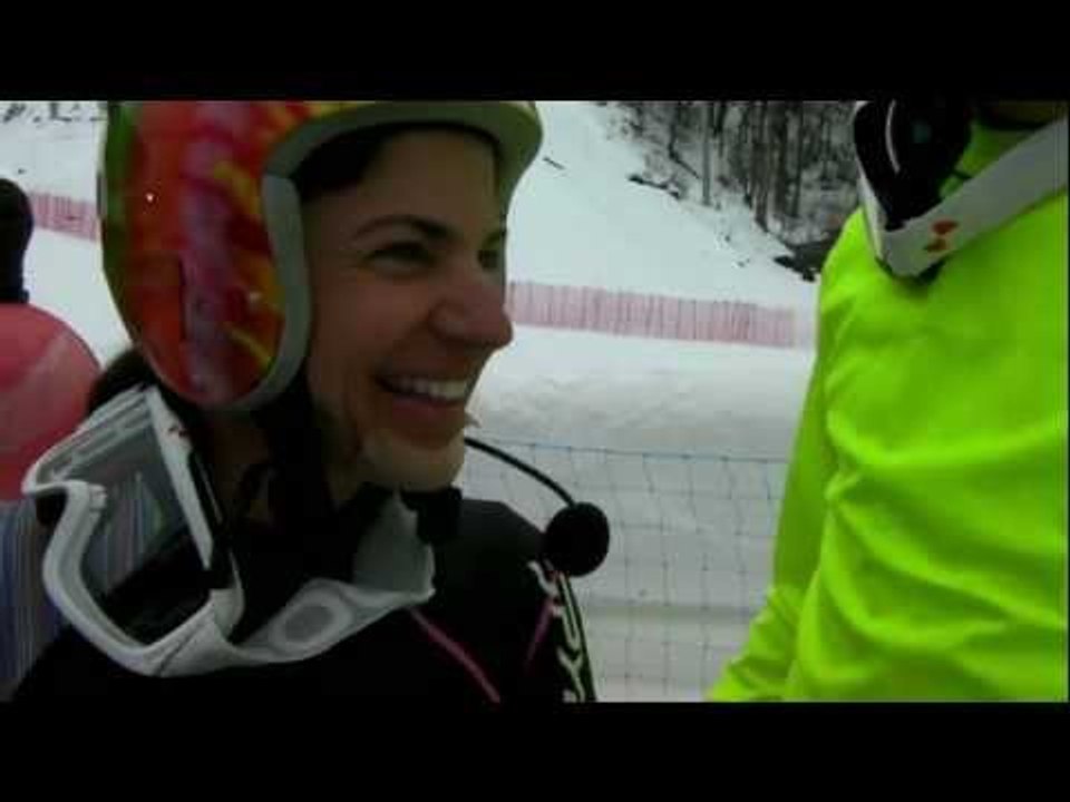 USA's Danelle Umstead can't see so her husband guides her... 2013 IPC Alpine Skiing World Cup Finals