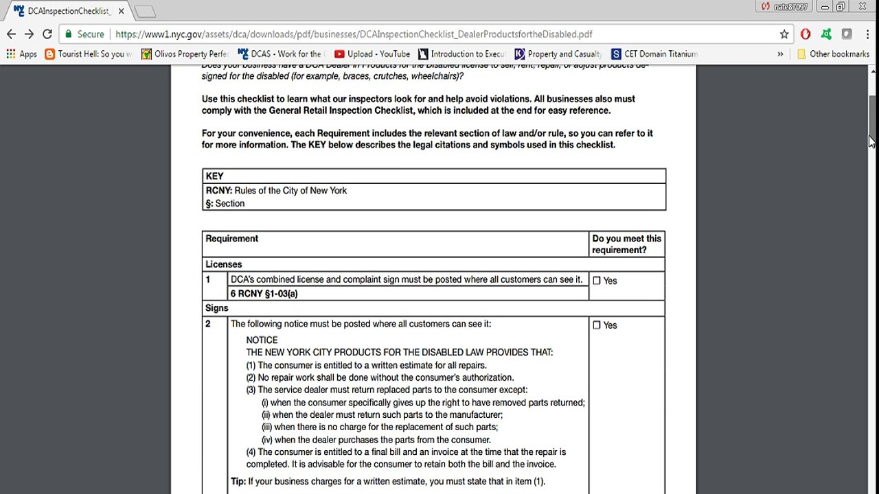Inspection Checklist Dealers in Product for the Disabled DCA