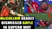 IPL 10 : Chris Gayle near lost his wicket thanks to McCullum super efforts | Oneindia News
