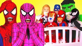 Spiderman & Pink Spidergirl Babysit! w/ Frozen Elsa, Surprise Eggs, Maleficent, Joker & Doctor :)