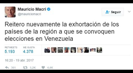 Macri pide que se convoquen elecciones en Venezuela
