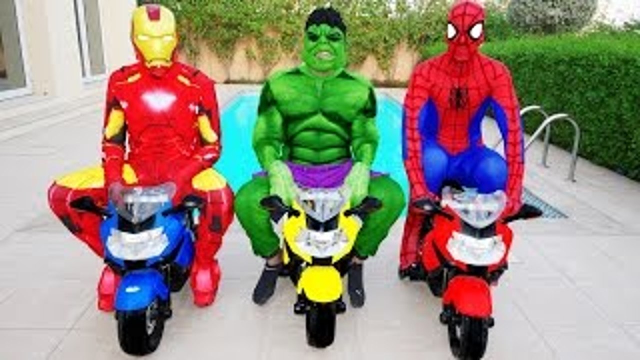 THE AVENGERS : Spiderman Hulk & Iron Man MOTORBIKE RACE! w/ Joker SpiderBaby Kids Movie in