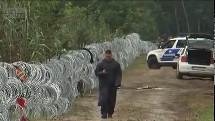 Syrian refugee crosses border while officer on his phone.