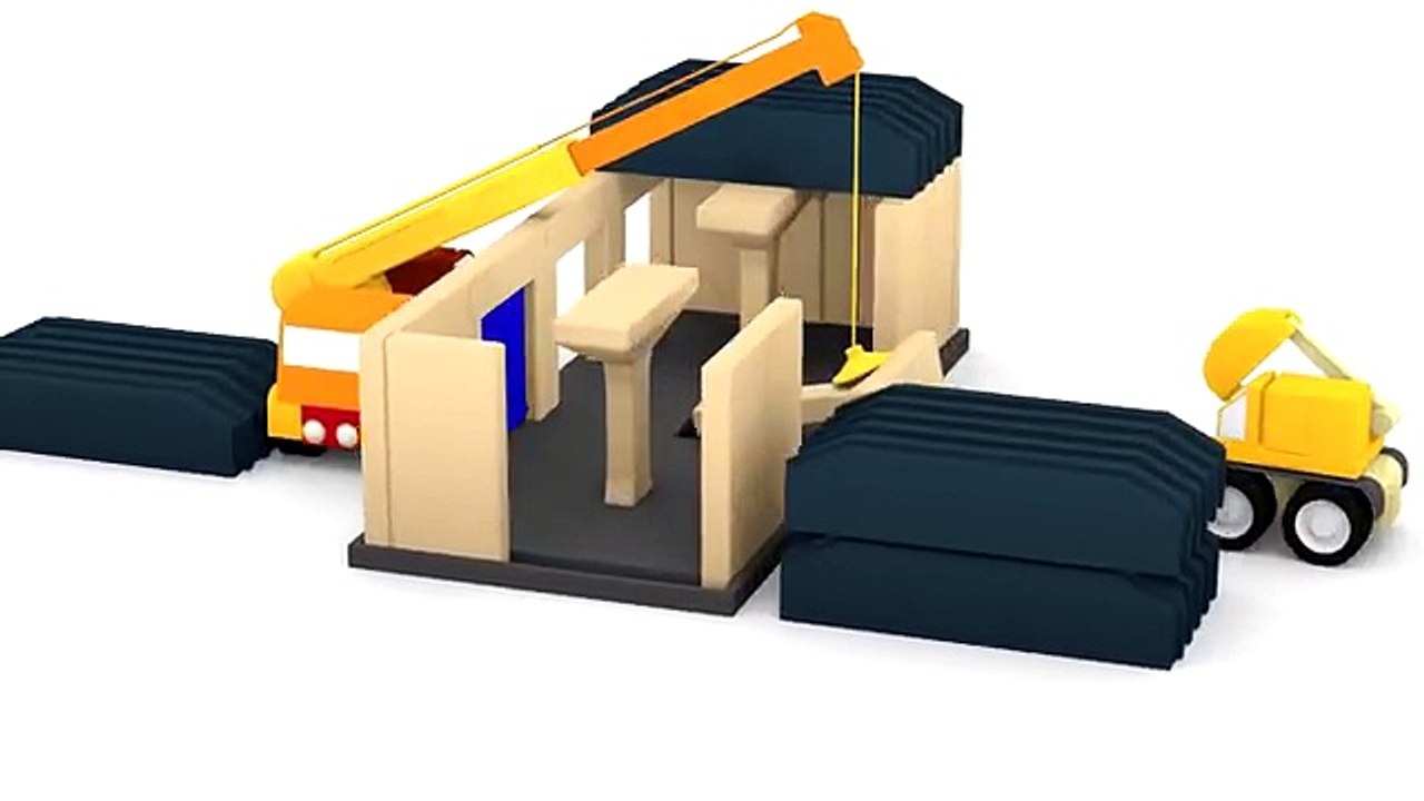 Kid's Cartoon Cars HQ - GARAGE Construction Demo - Shapes & Colors with Excavator & Crane!