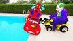 JOKER PUSH Spiderman INTO POOL! w/ Frozen Elsa Hulk Police McQueen Cars Movie Kids Toys in