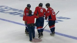 Ovechkin needs help leaving the ice after low Kadri hit