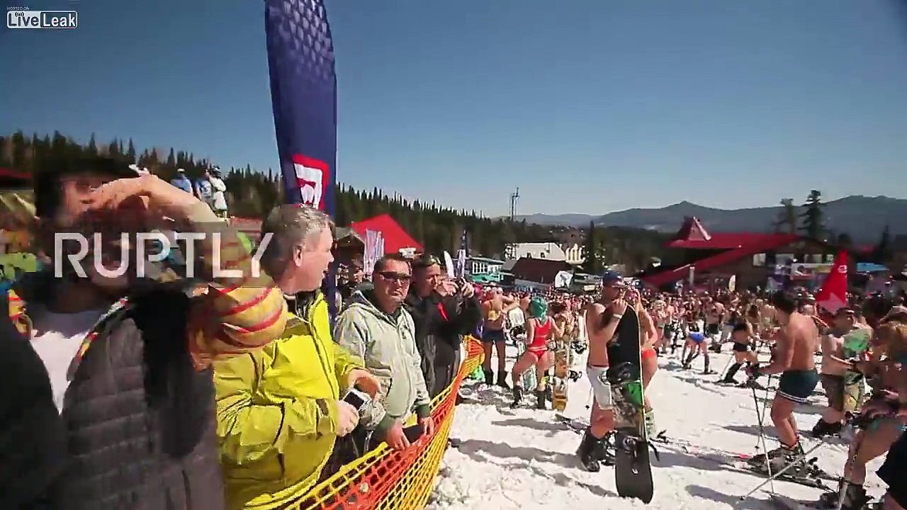 Russia BIKINI-clad snowboarders break records in freezing ski resort of Sheregesh