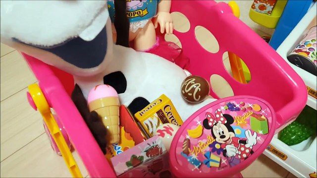 ポポちゃんオラフと一緒にお買い物！ミニーちゃんショッピングカート たくさん買いすぎだよ～ ❤ お買い物ごっこ 遊び トイキッズ 子供 おもちゃ アニメ キッズ Toy