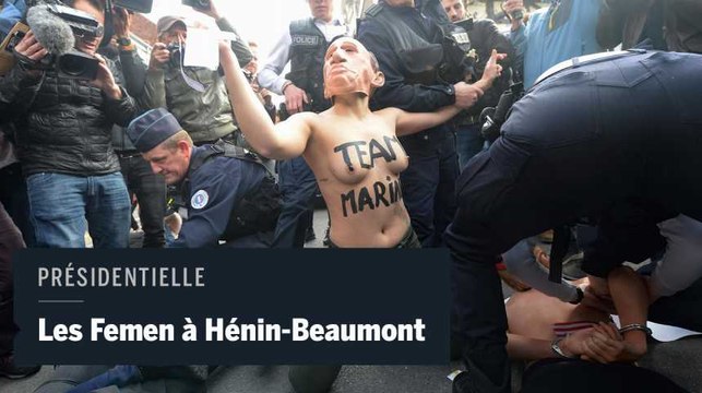 Des Femen manifestent près du bureau de vote de Marine Le Pen
