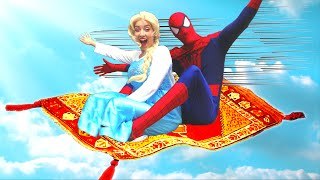 Spiderman & Frozen Elsa’s Magic Carpet Ride! w/ Anna, Joker & Harley Quinn, Pink Spidergirl, Prank