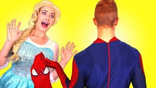 Spiderman FACE REVEAL! w/ Frozen Elsa & Anna, Pink Spidergirl vs Joker, Superman Harley Quinn Candy