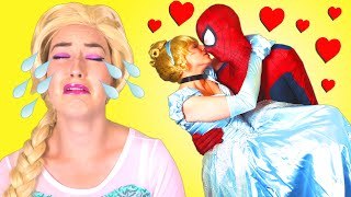 Is Spiderman in Love Cinderella?! w/ Frozen Elsa & Anna, Pink Spidergirl Mermaid, Catwoman & Joker