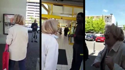 Une vieille dame raciste s'énerve contre un vigile de supermarché .