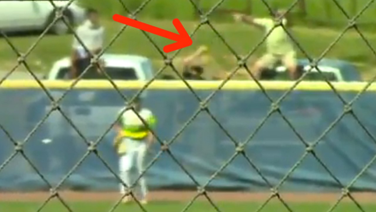 Fan Makes BARE-HANDED Home Run Catch, then FALLS Out of His Pick-Up Truck During Softball Game