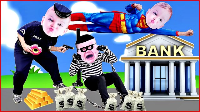 COPS and ROBBERS Crying Babies SUPERMAN CATCHES BAD BABY BANK ROBBER Superheroes in Real Life-JGdkSE