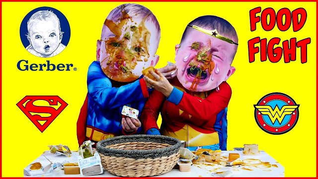 Crying Babies FOOD FIGHT Superheroes in Real Life BABY FOOD CHALLENGE Crying Baby with Superman-EVF