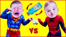 BOTTLE FLIP CHALLENGE Crying Babies SPIDERMAN VS SUPERMAN Superheroes in Real Life Crying Baby-r