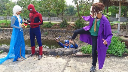 Spiderman & Captain America arrested Joker thief Mickey Mouse Doll of Elsa ♥ Superhero in real life