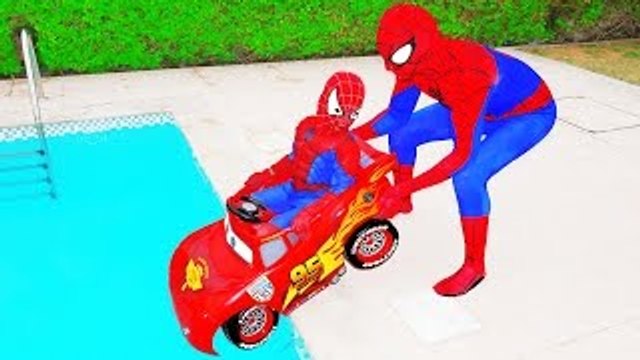 Spiderman PUSH Spiderbaby INTO POOL?! w/ Joker Hulk Funny Compilation Toys Cars Video in Real Life