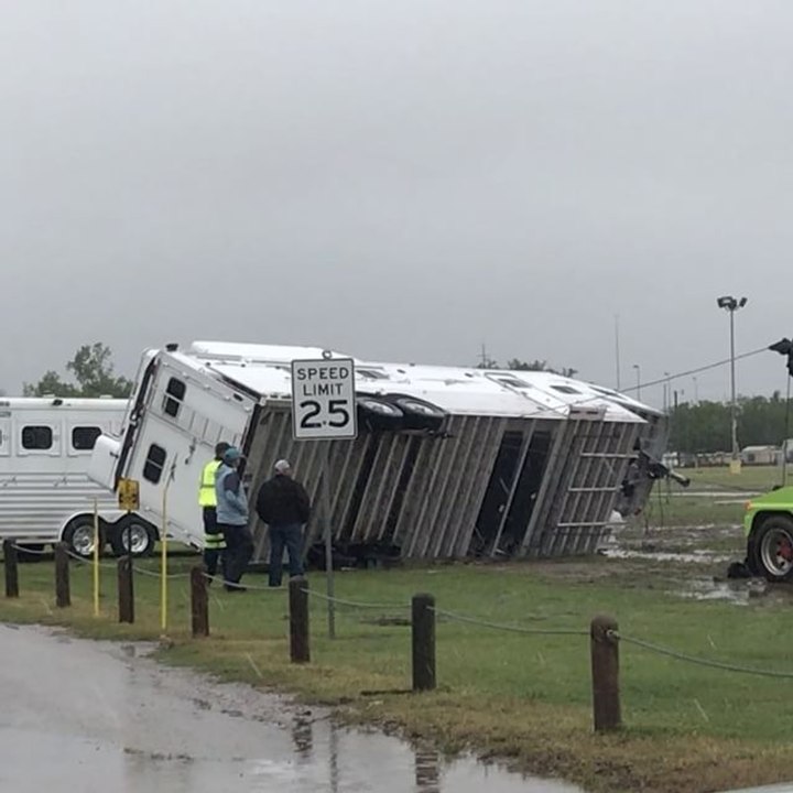 Horse Trailer Toppled by Winds Pulled Upright at Oklahoma City Fairgrounds