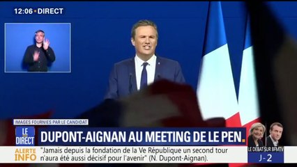 Nicolas Dupont-Aignan ovationné à Villepinte: "J'ai choisi la France, j'ai choisi Marine"