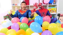 Spiderman vs Superman Balloon Drop Pop Challenge w_ Frozen Elsa Superhero Fun Toys in Real Life-oFd