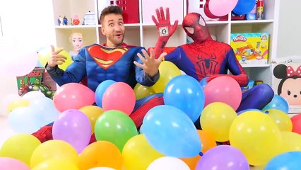 Spiderman vs Superman Balloon Drop Pop Challenge w_ Frozen Elsa Superhero Fun Toys in Real Life-oFdr