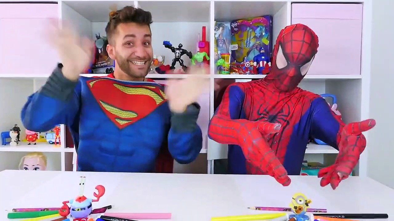 Spiderman vs Superman Drawing challenge w_ Frozen Elsa Play Doh & Superhero Prank in Real Life-1t25