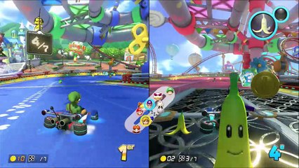 Mario Kart 8 Deluxe coupe crossing en multijoueur avec Link et Waluigi