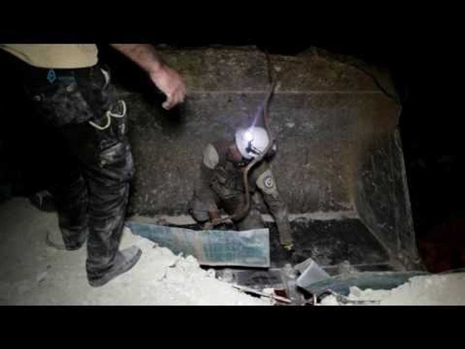 White Helmet Rescuers Work Overnight Following Deadly Airstrikes West of Aleppo