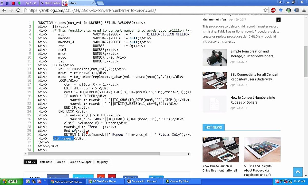 HOW TO CONVERT NUMBERS INTO RUPEES IN ORACLE ,PLSQL FUNCTION