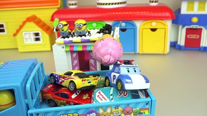 Poli and Cars Surprise eggs with Minions Ice cream car toys play