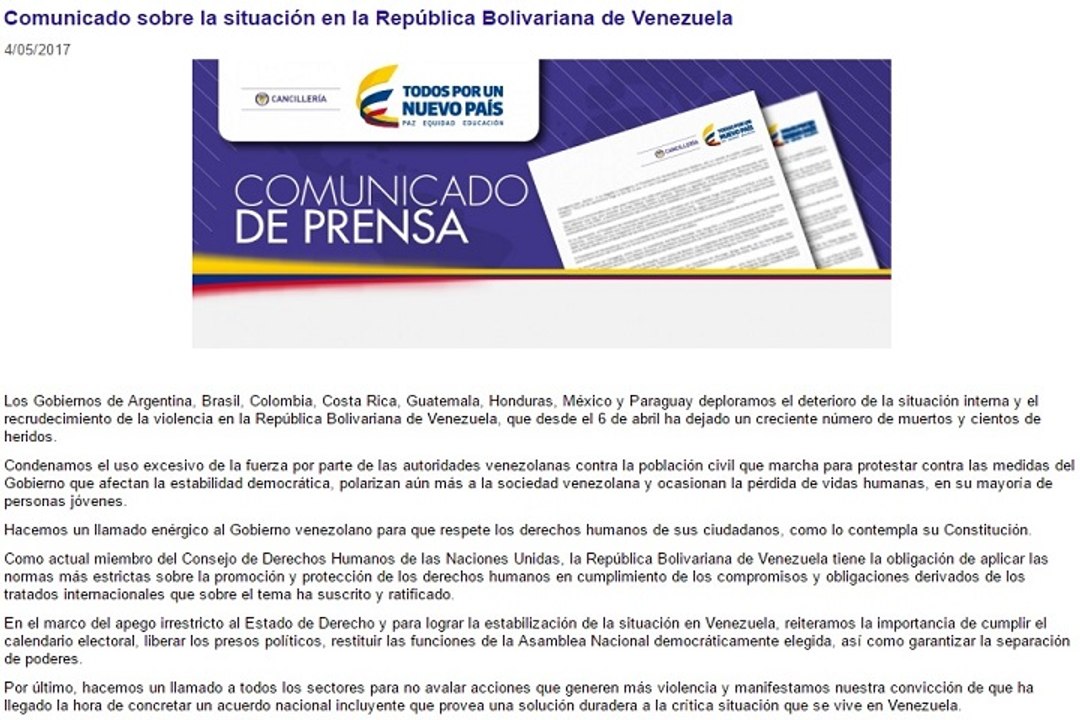 Países latinoamericanos condenan situación en Venezuela