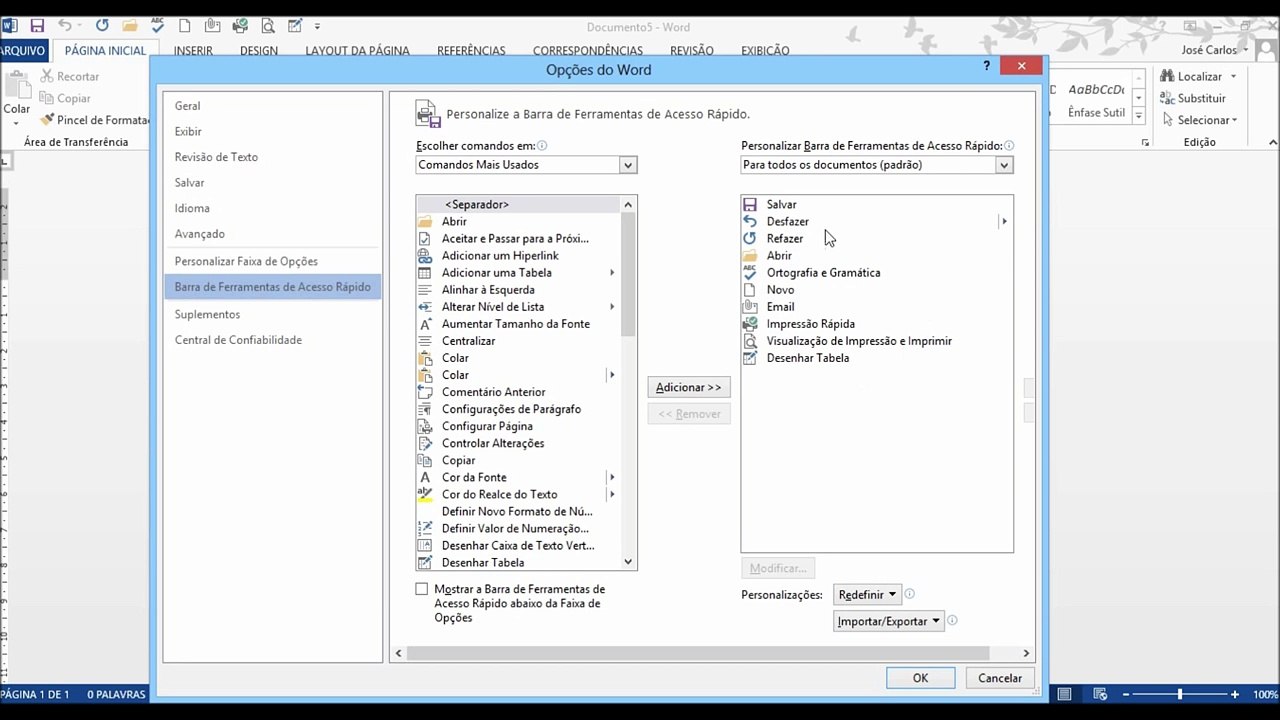 Barra de Ferramentas de Acesso Rapido no Word 2013