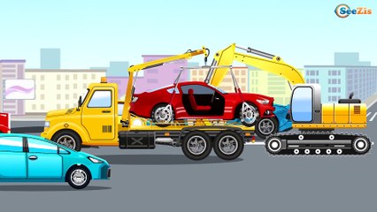 The Yellow Excavator CRASH on the road in the city - Diggers Cartoon World of Cars for children