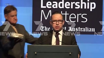 Alan Joyce cops a pie in the face while giving a speech in perth